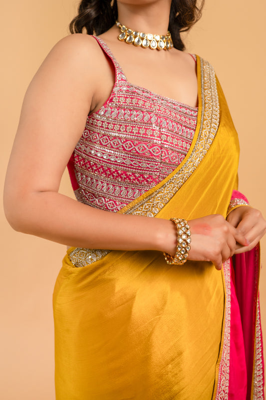 Two Blouse Concept – Yellow-Pink Tween shade Georgette Saree with Sequin Border Work