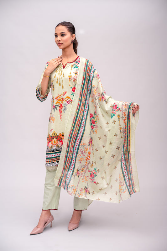 Pastel Green Cotton Suit with Embroidery with a Malmal Printed Dupatta