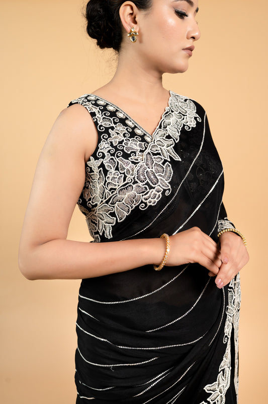 Two Blouse Concept – Black Designer Georgette Saree with White and Silver Embroidery