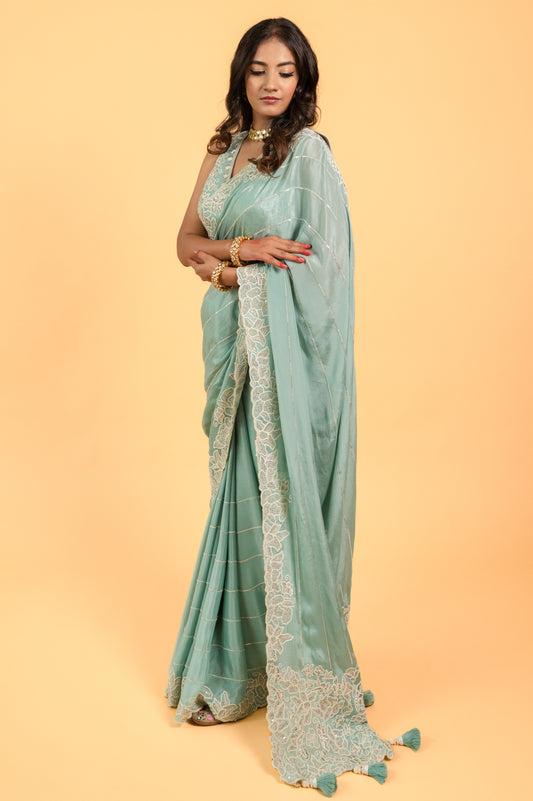 Two Blouse Concept – Sea Blue Designer Georgette Saree with White and Silver Embroidery
