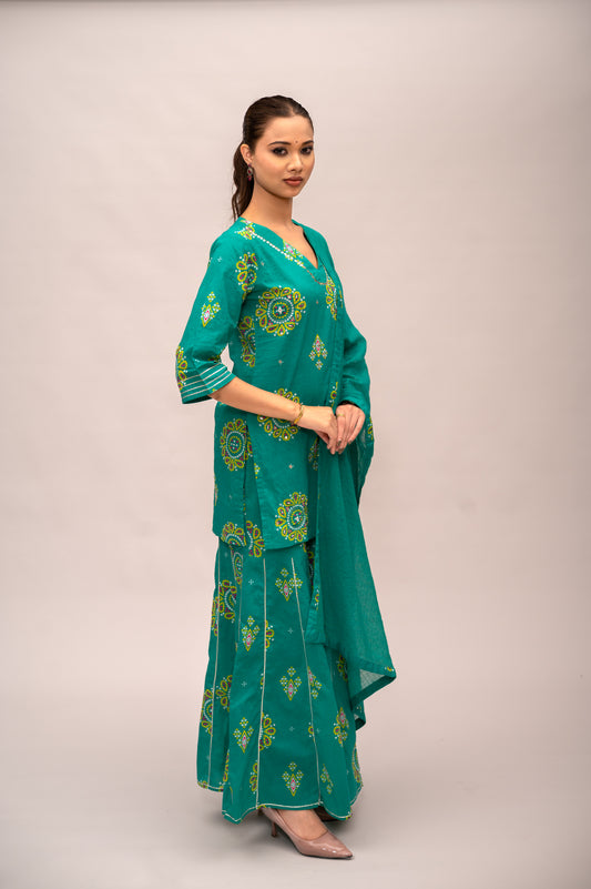 Green Mal Cotton Bandhani Print Sharara Suit with Mirror Embroidery