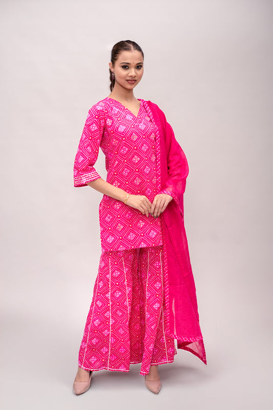 Fuchsia Pink Mal Cotton Bandhani Print Sharara Suit with Mirror Embroidery
