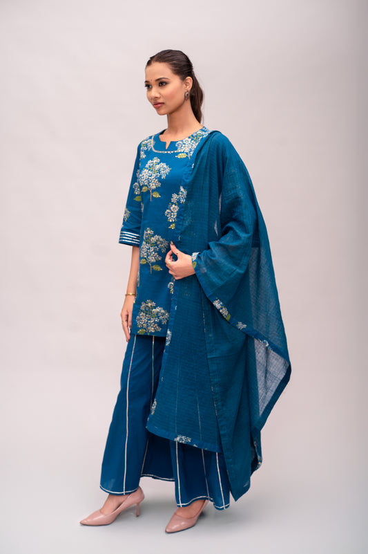 Navy Blue Mal Cotton Floral Print Sharara Suit with Mirror Embroidery
