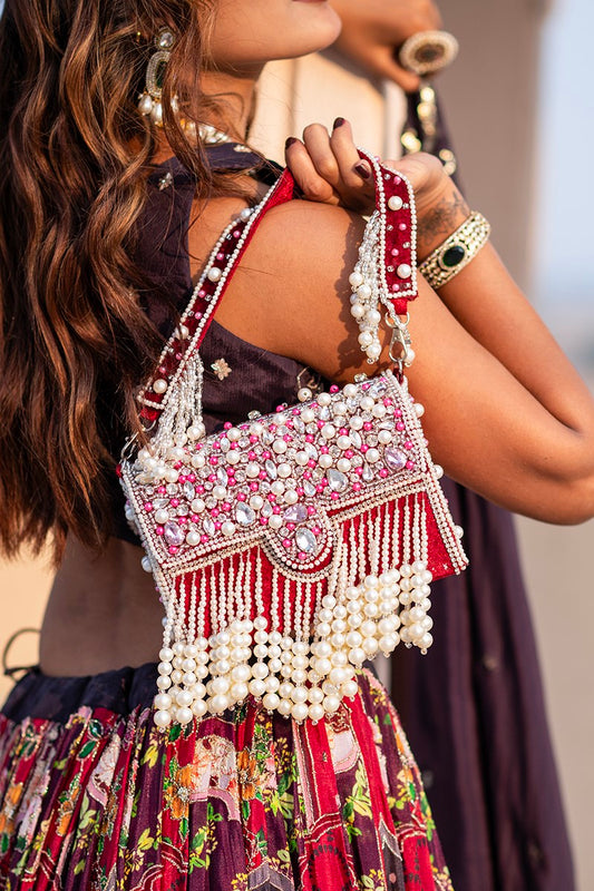 Zari Adorned Maroon Handbag with Pink Beads, Pearls, and Tassel