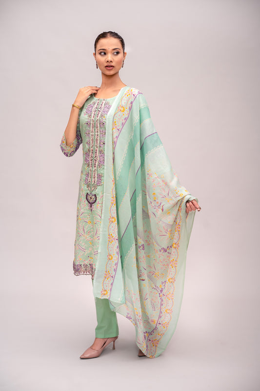 Green Cotton Lawn Suit with Embroidery with a Malmal Printed Dupatta