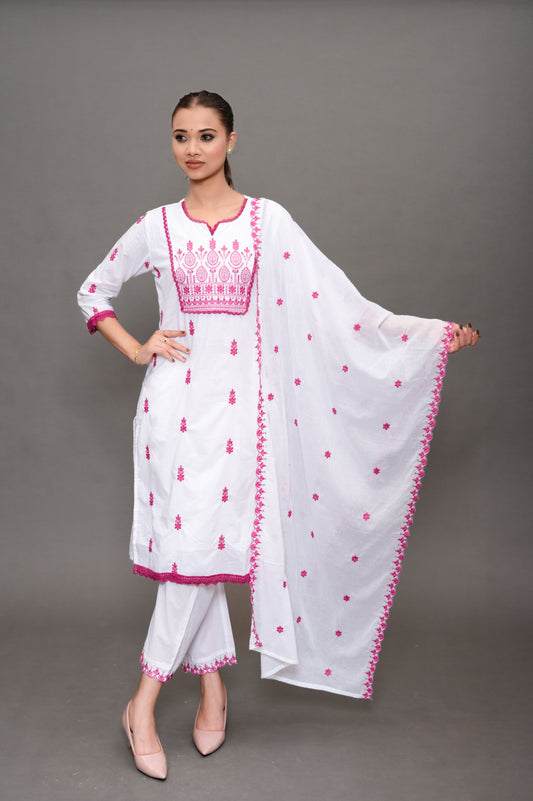 White Cotton Embroidery Suit with Pant and Dupatta