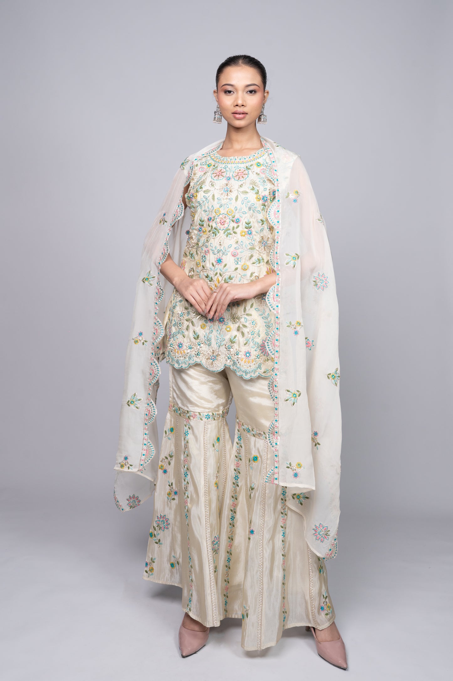 Lemon Green Crepe Garara Set with Pearl Embroidery
