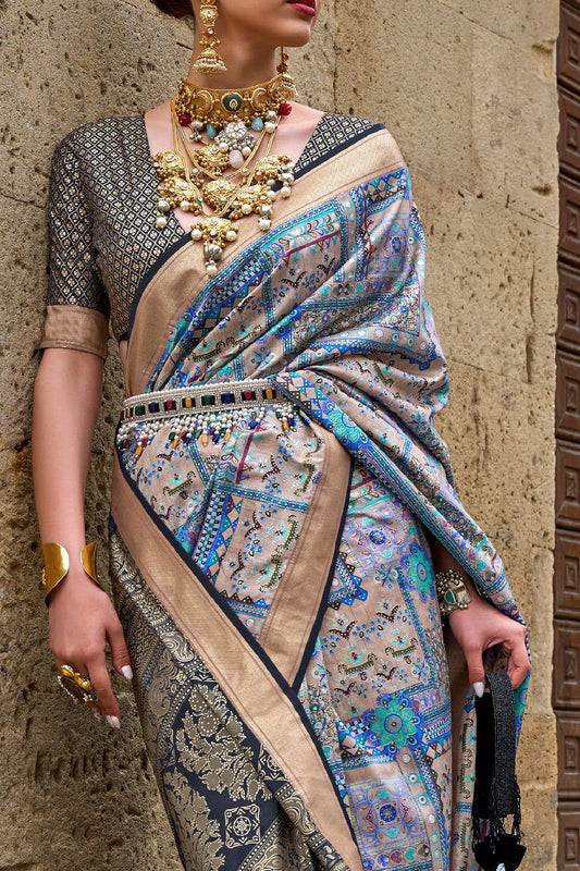 Pastel Blue Raw Silk Saree with Floral Motifs - Mayrake.in