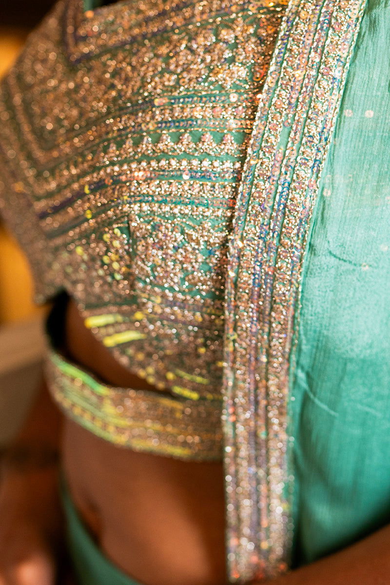 Pastel Green Embroidered Satin Tank Top with Wide Pants and Full Shrug - Mayrake.in