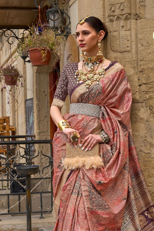 Peach Orange Raw Silk Saree with Floral Motifs - Mayrake.in