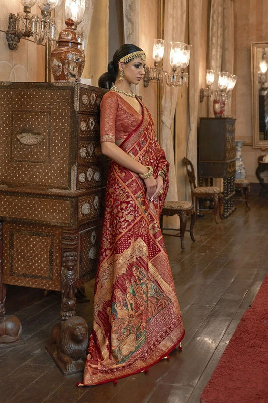 Plum Red Raw Silk Saree with Ethnic Heritage Prints - Mayrake.in