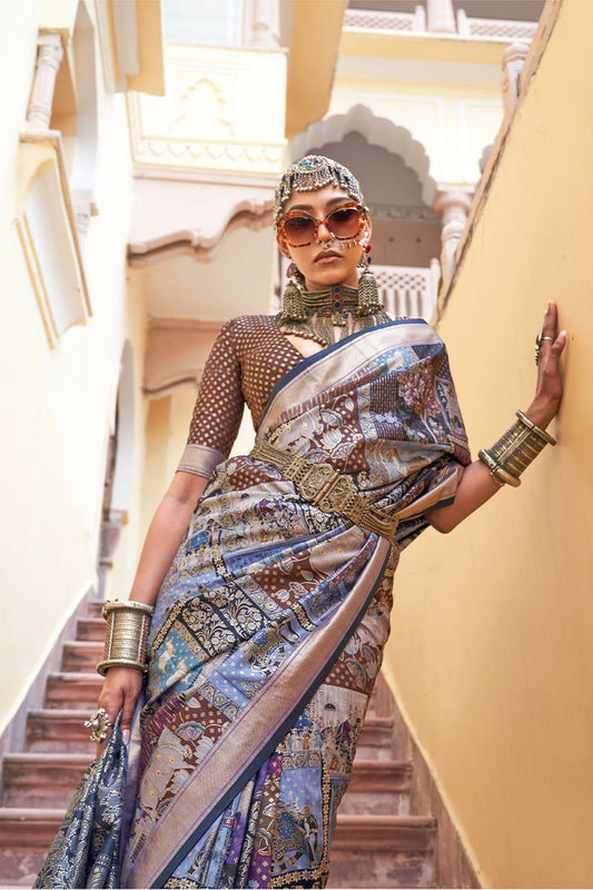 Purple Blue Viscose Silk with Heritage Design and Tribal Animal Art Prints - Mayrake -