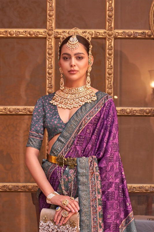 Purple Raw Silk Saree with Regal Bovine Motifs - Mayrake.in