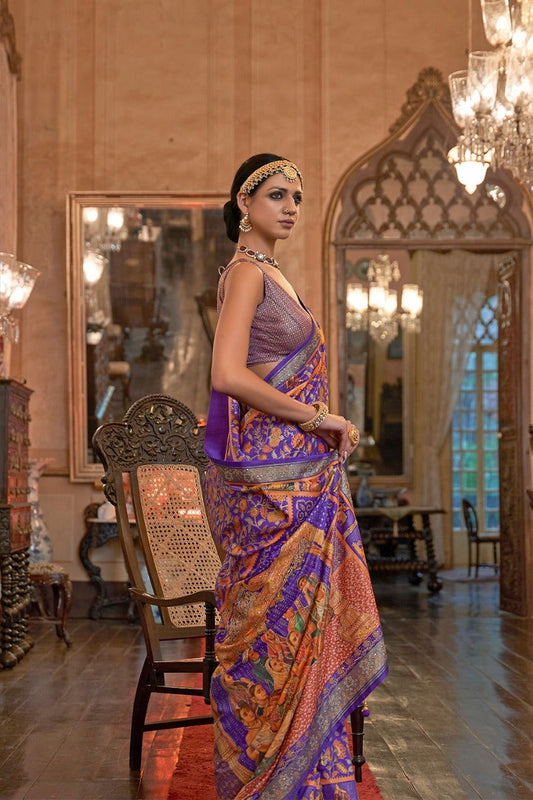 Purple Raw Silk Saree with Ethnic Heritage Prints - Mayrake.in