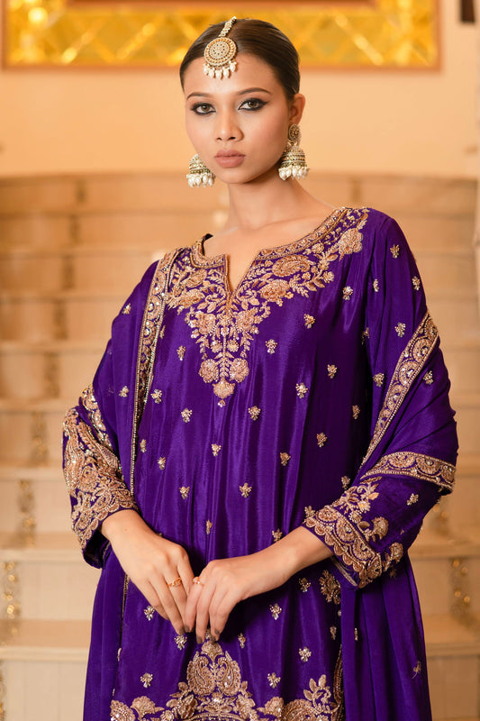 Purple Viscose Silk Detailed Heavy Embroidered Sharara Set - Mayrake.in