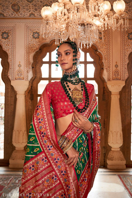 Rama Green with Red Border Viscose Silk with Patola Design and Apoxy Finish - Mayrake -