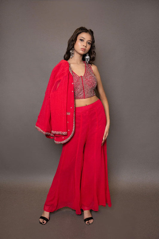 Red Georgette Crop Top with Pearl and Pipe Embroidery, Stylish Blazer, and Palazzo Pants - Mayrake