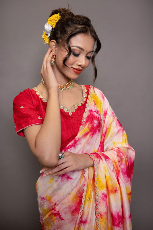 Red and Yellow Dola Silk Saree with Pearl Handwork - Mayrake.in