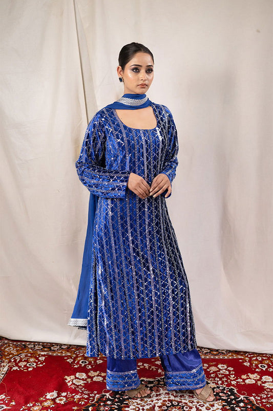 Royal Blue Velvet Sequined Suit - Mayrake.in