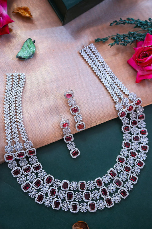 Ruby American Diamond 3-Layer Grand Necklace with Earrings Jewellery Set - Mayrake.in