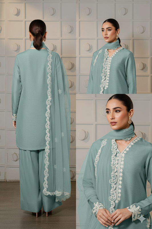 Sea Green Farsi Salwar Suit With White Thread Lace Work - Mayrake.in