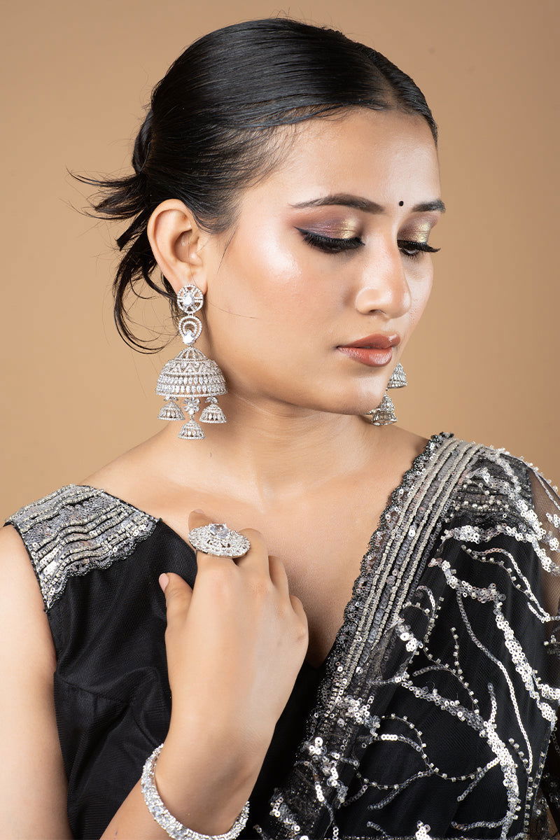 Sparkling AD Multi-Layer Big Jhumka Earrings - Mayrake.in