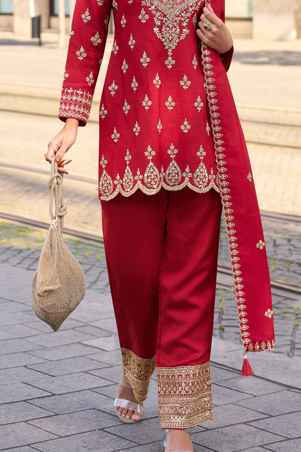 Crimson Red Silk Suit with Golden Zari Embroidery with Designer Pant & Dupatta