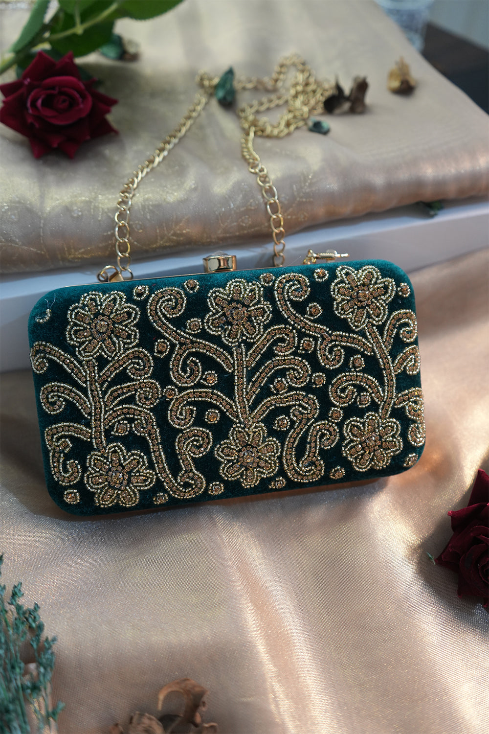 Green Velvet Pearl & Zardozi Clutch with Handle