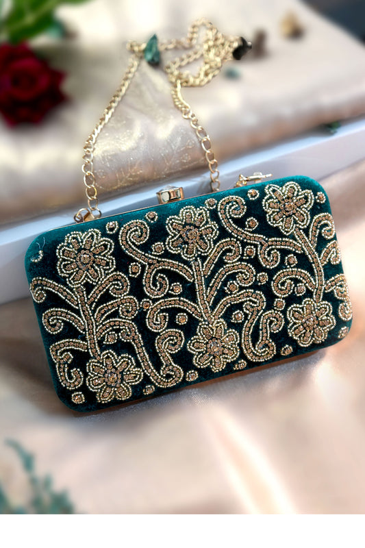 Green Velvet Pearl & Zardozi Clutch with Handle