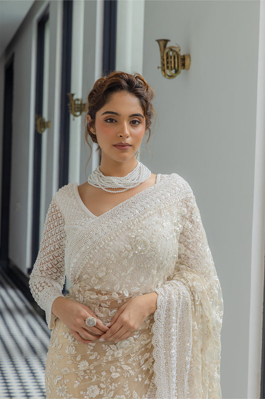 Beige-Cream Net Saree with Sequin & Pearl Embroidery