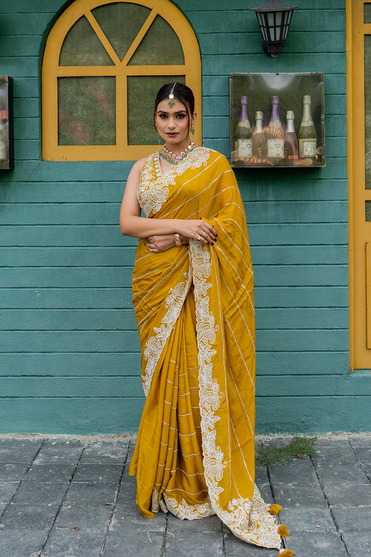 Two Blouse Concept – Marigold Yellow Designer Georgette Saree with White and Silver Embroidery