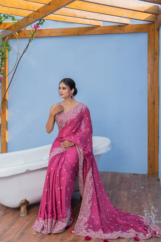 Two Blouse Concept – Rose Pink Crepe Silk Saree with Sequin and Zari Work