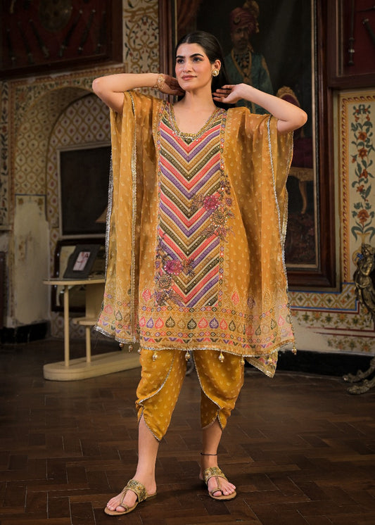 Marigold Yellow Georgette Dhoti-Pattern Cord Set Suit with Zari Work