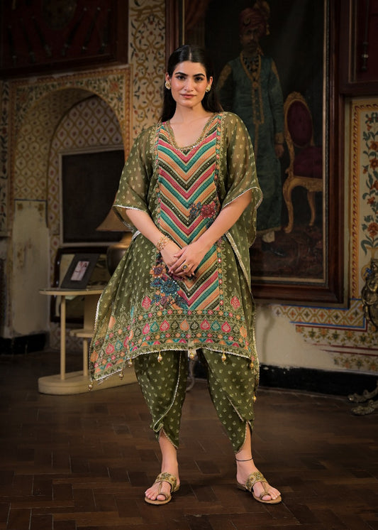 Mehndi Green Georgette Dhoti-Pattern Cord Set Suit with Zari Work