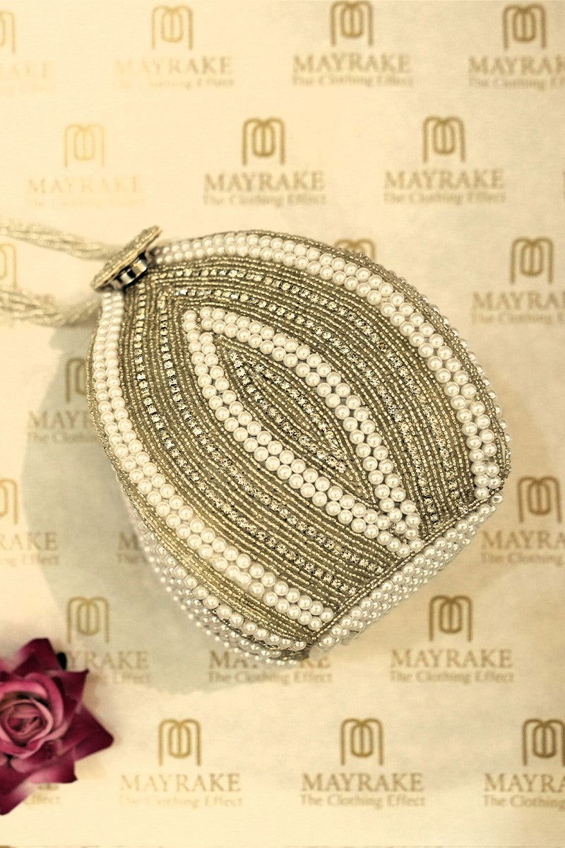 White Pearl with Swarovski Frame Potli and Handmade Pearl Handle - Mayrake.in