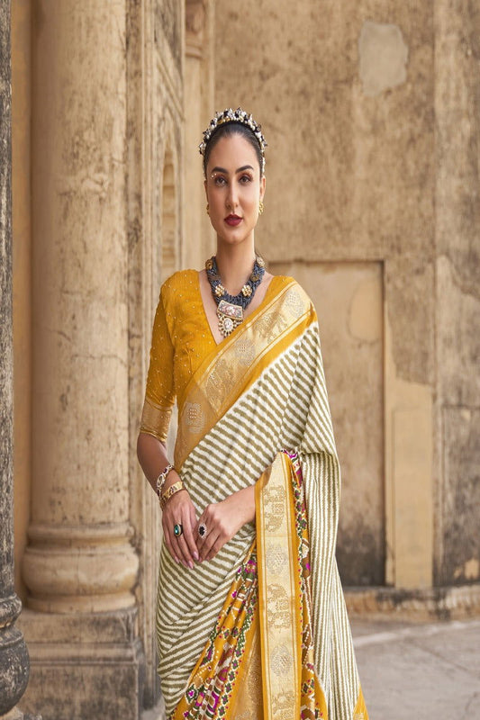 Yellow Raw Silk Saree with Silver Zari Border - Mayrake.in