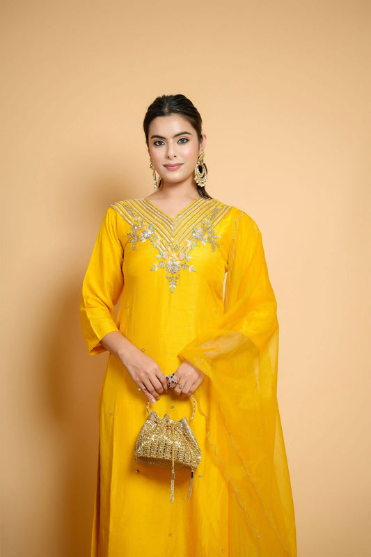 Yellow Silk Hand-Embroidered Suit with Organza Dupatta - Mayrake.in
