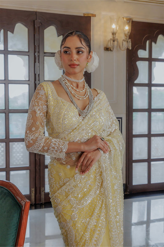 Yellow Super Net Saree with Sequin and Swarovski Work - Mayrake.in