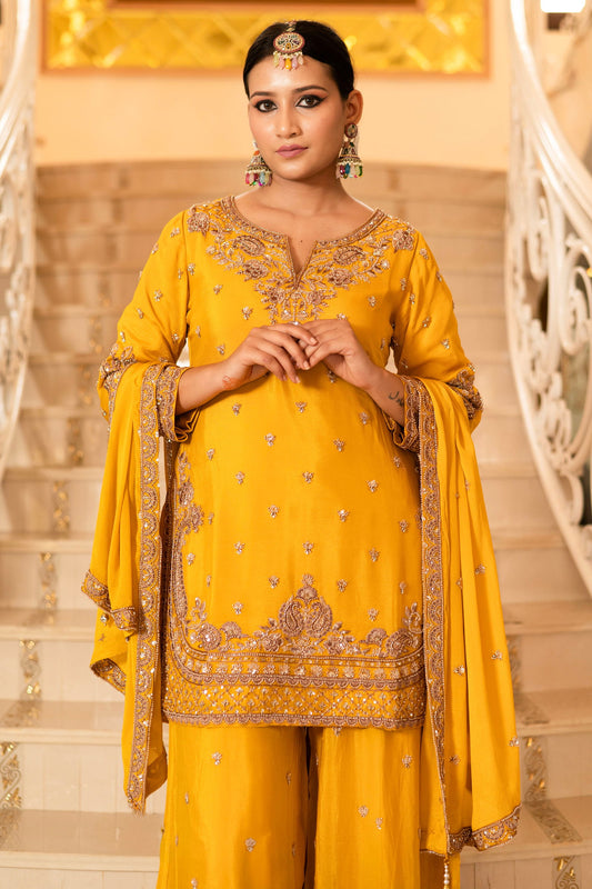 Yellow Viscose Silk Detailed Heavy Embroidered Sharara Set - Mayrake.in