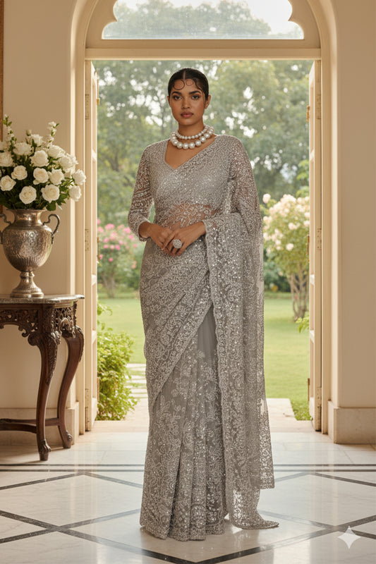 Grey Super Net Saree Featuring Sequin & Swarovski Detailing