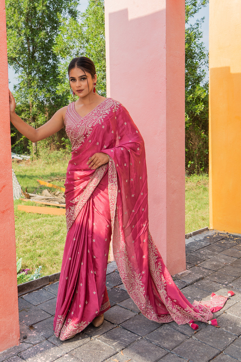 Two Blouse Concept – Rose Pink Crepe Silk Saree with Sequin and Zari Work