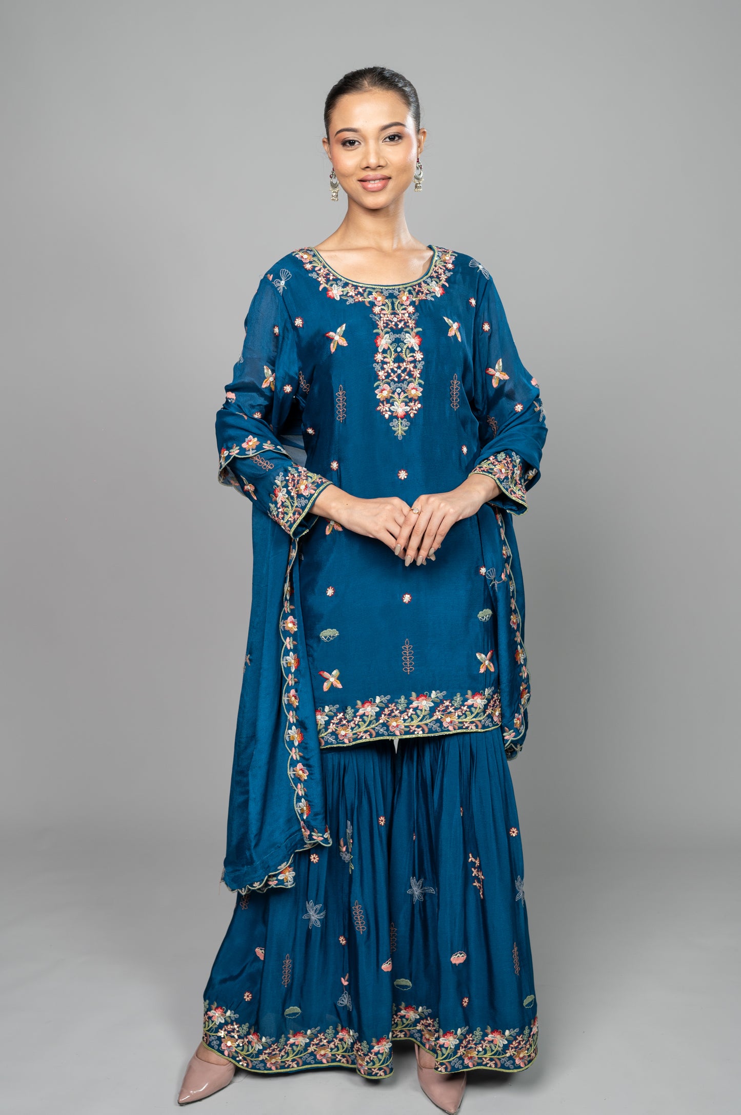 Sky Blue Garara Kurta Set with Pearl, Jarkan & Multicolor Embroidery
