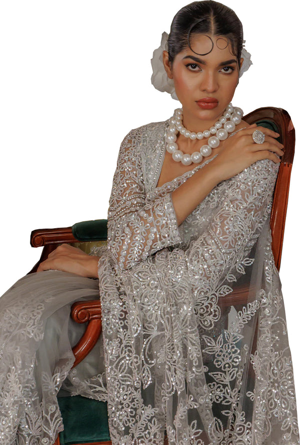 Grey Super Net Saree Featuring Sequin & Swarovski Detailing