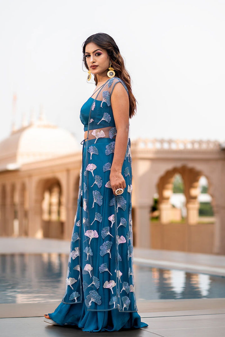 2-Set -Turquoise Blue Pre-Draped Saree, Designer Embroidered Blouse, Palazzo Pants with Matching Blouse, and Net Jacket - Mayrake - 