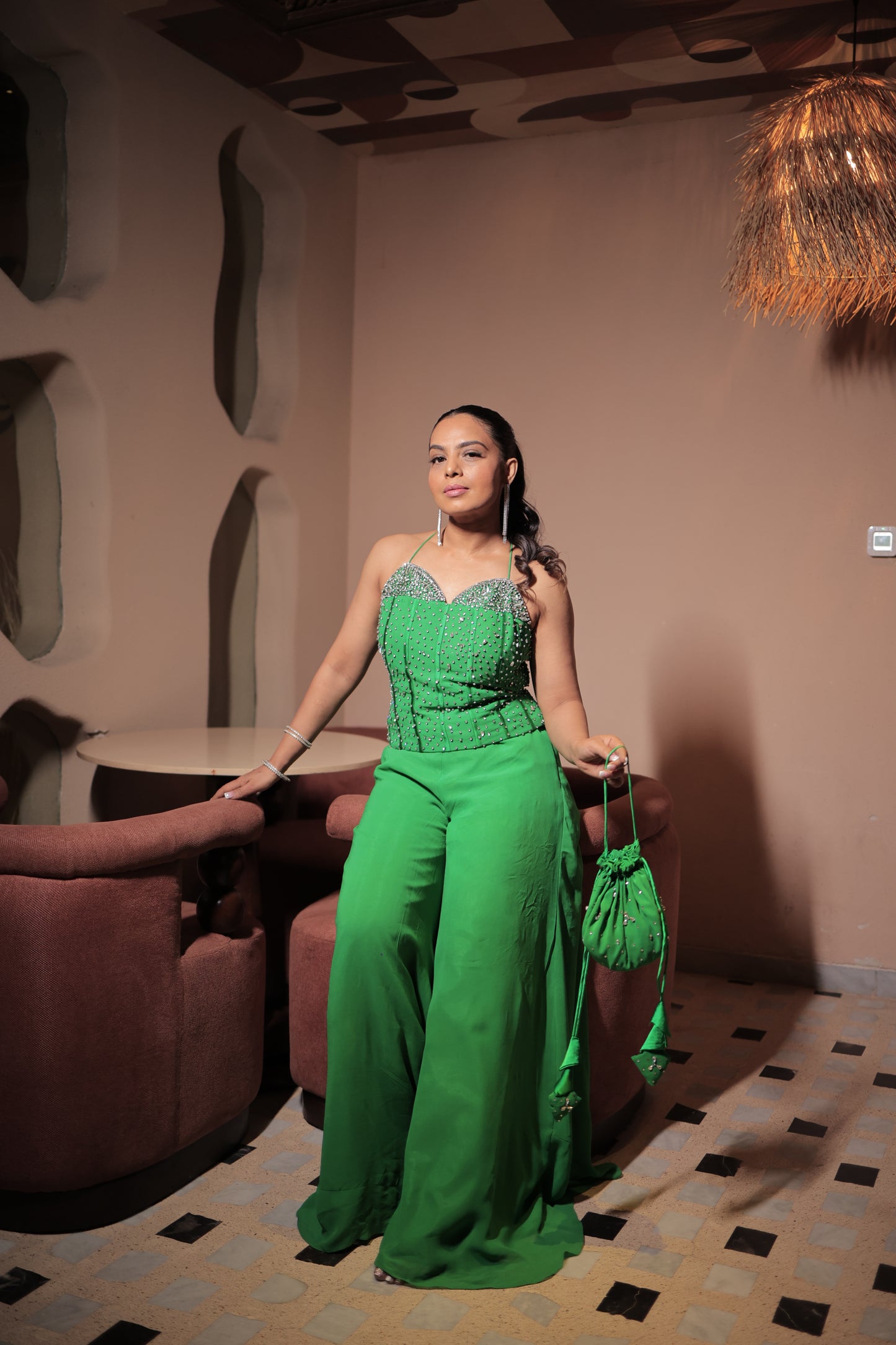 Hand-Embroidered Green Georgette Cord-Set Suit with Swarovski Stone Work & Matching Potli