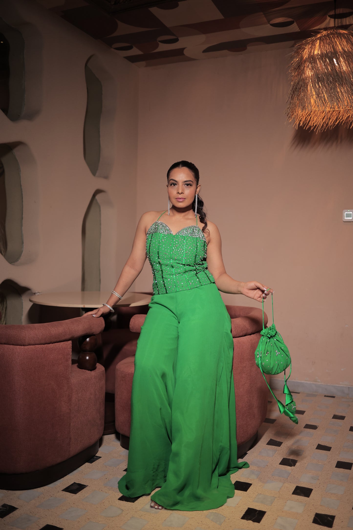 Hand-Embroidered Green Georgette Cord-Set Suit with Swarovski Stone Work & Matching Potli