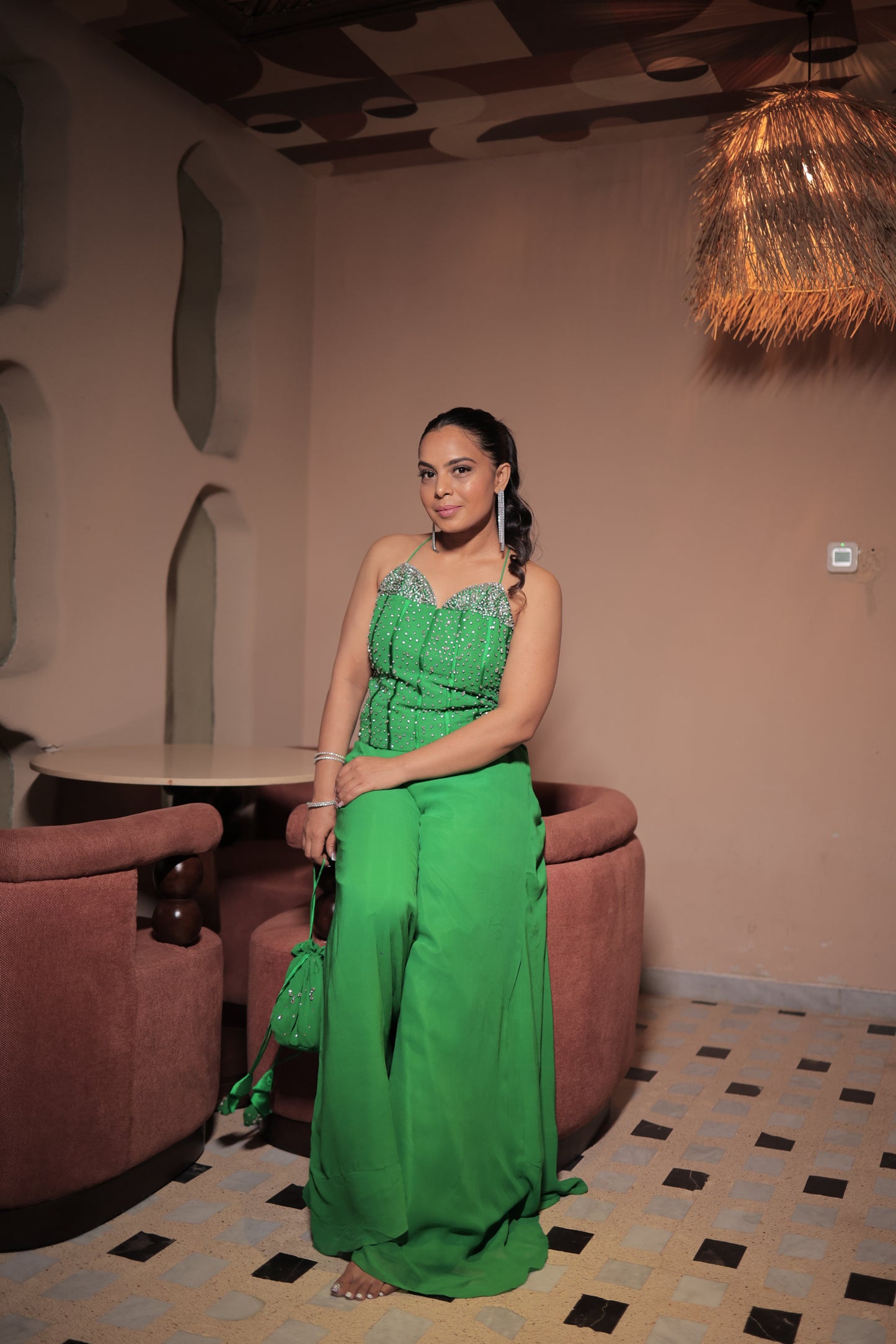 Hand-Embroidered Green Georgette Cord-Set Suit with Swarovski Stone Work & Matching Potli