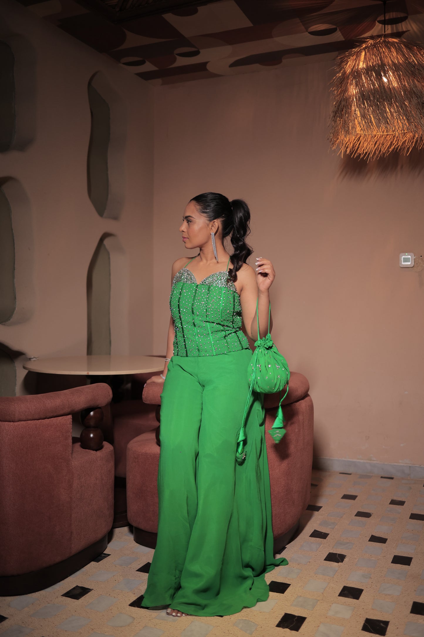 Hand-Embroidered Green Georgette Cord-Set Suit with Swarovski Stone Work & Matching Potli