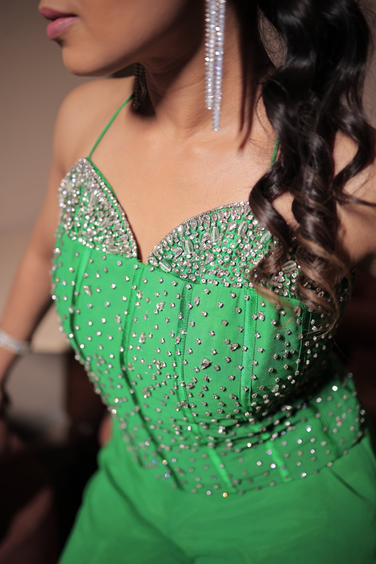 Hand-Embroidered Green Georgette Cord-Set Suit with Swarovski Stone Work & Matching Potli