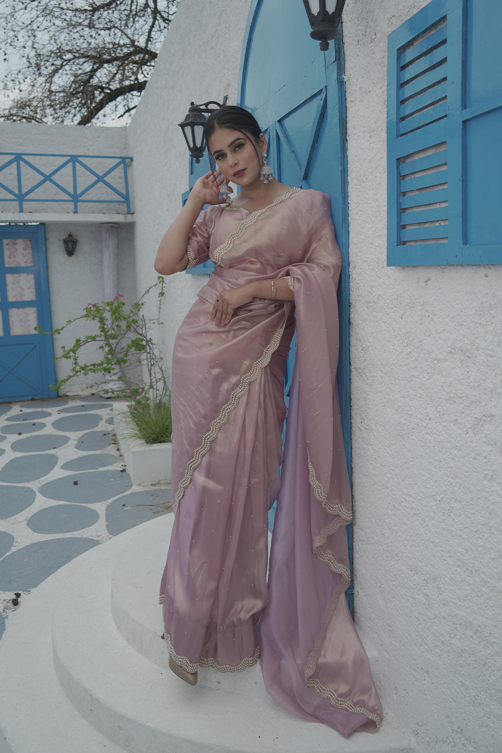 Lavender purple Organza Shimmer saree with pearl and sequin border